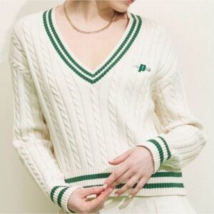 Prince Women’s Large V-Neck Pickleball Cable knit Sweater - Cream and Green NWT
